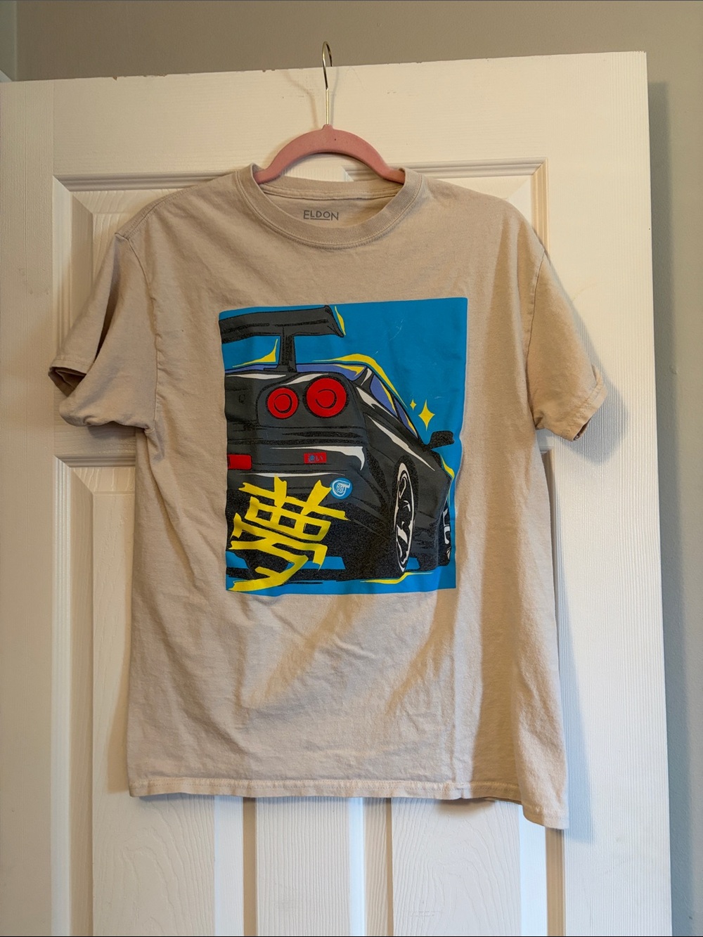 Eldon Men's Graphic Short Sleeve Tee - Beige with Blue Car Print
